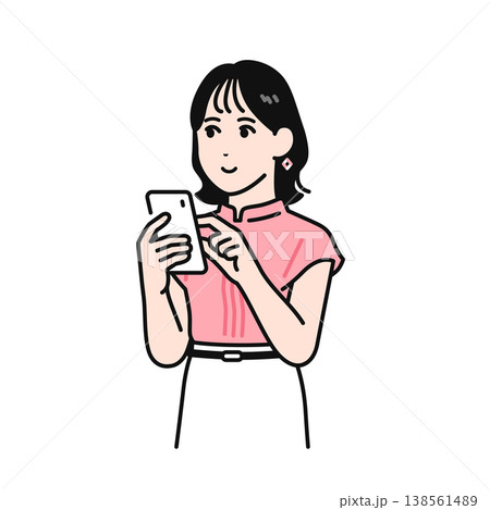 スマートフォンを操作するかわいい若い女性のシンプルなベクターイラスト素材 138561489