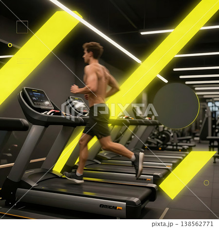 Male athlete running on treadmill in modern gym with bright yellow graphic elements. Cardio training, endurance 138562771
