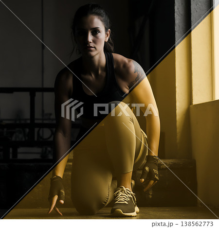 Portrait of a focused female athlete in a gym against a window with a yellow graphic element. Concept of strength 138562773