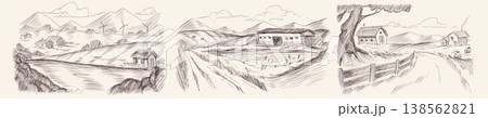 Hand drawn farm landscapes, sketch countrysides Hand drawn farm landscapes, sketch countrysides 138562821
