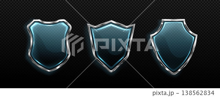Set of 3D glass shields on transparent background 138562834