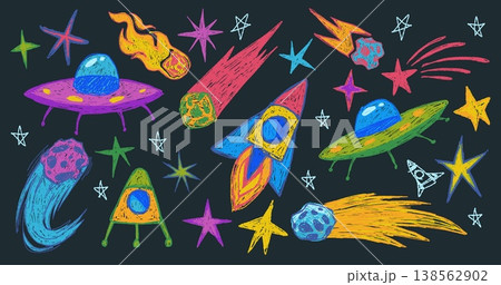 Hand drawn space doodles with crayon texture 138562902
