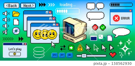 Retro pixel art computer Y2K aesthetic icons Retro pixel art computer Y2K aesthetic icons 138562930