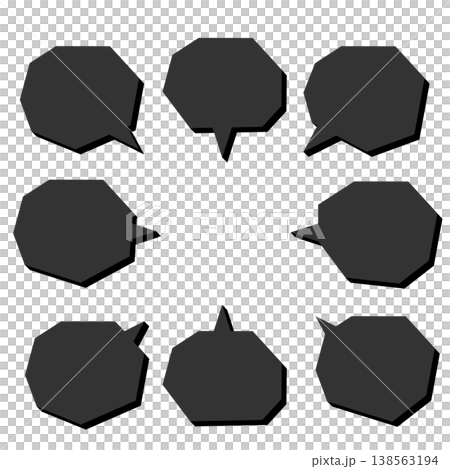 A set of black polygonal speech bubbles with a three-dimensional shadow effect. 138563194