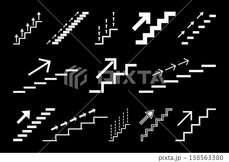 Stairs with up arrow icon set. Concept of career growth, business success, step by step progress and personal development. Vector isolated on black background Stairs with up arrow icon set. Concept of career growth, business success, step by step progress and personal development. Vector isolated on black background 138563380