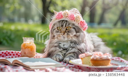 very cute persian cat wearing a pink and white crocheted rose bonnet, sitting on a table with some cakes in front of it, next to an open notebook. very cute persian cat wearing a pink and white crocheted rose bonnet, sitting on a table with some cakes in front of it, next to an open notebook. 138563448
