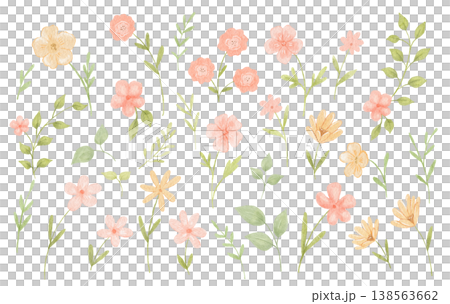 Cute watercolour spring flowers, hand drawn abstract plants, natute elements for kids, floral isolated illustrations set 138563662