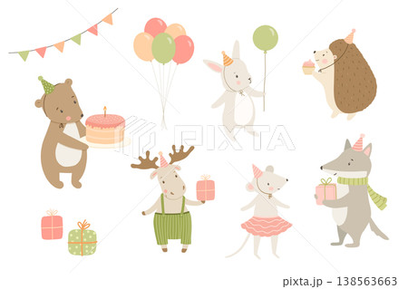 Cute bunny, bear and hedgehog with birthday hat and balloons, vector animal character isolated illustrations set for celebration and baby greeting design 138563663