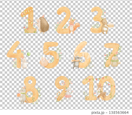 Cute cartoon numbers with childish animal characters for kids learning math and birthday. Colorful numeric set illustrations perfect for kindergarten education and preschool activities. 138563664