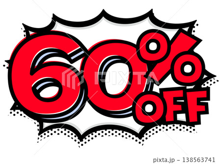60%OFFの文字入りトゲトゲ吹き出し。黒太線のポップな爆発アイコン。セール・値札用素材。 60%OFFの文字入りトゲトゲ吹き出し。黒太線のポップな爆発アイコン。セール・値札用素材。 138563741