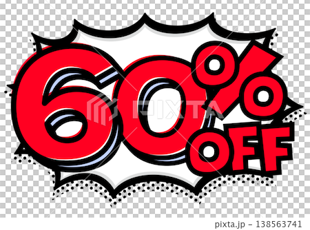 A spiky speech bubble with the words "60% OFF." A pop-art explosion icon with thick black lines. Material for sale/price tags. 138563741