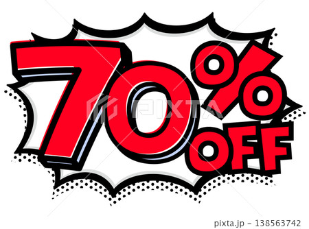 70%OFFの文字入りトゲトゲ吹き出し。黒太線のポップな爆発アイコン。セール・値札用素材。 138563742