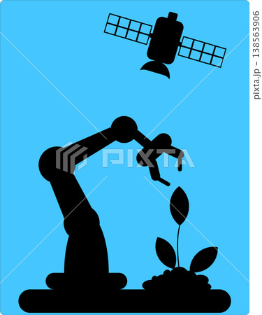 Robot arm watering small plant under satellite signal in clean blue background scene 138563906