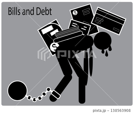 Bills and debt concept showing person carrying heavy financial load with chains and overdue payments stress Bills and debt concept showing person carrying heavy financial load with chains and overdue payments stress 138563908