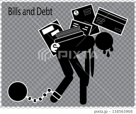 Bills and debt concept showing person carrying heavy financial load with chains and overdue payments stress Bills and debt concept showing person carrying heavy financial load with chains and overdue payments stress 138563908