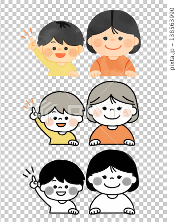 以微笑的小學生男孩女孩為主題的相框素材套裝[單色、帶線條、彩色無線條] 138563990