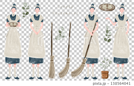一組手繪的、可愛又充滿奇思妙想的女傭插圖。 138564041