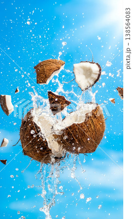 Coconut bursts open sending water flying in bright blue sky. Clear sunny background highlights the action of fresh fruit breaking apart. Concept of food, tropical beverages, healthy snacks. 138564083