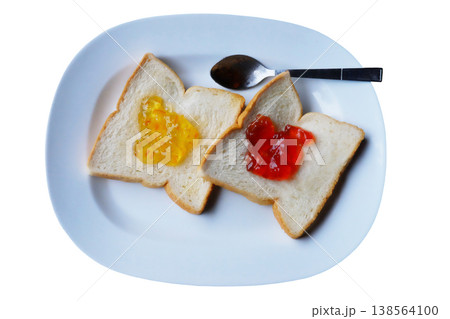 Fresh Pineapple jam and strawberry jam with bread on white dish for breakfast isolated on white background with clipping path Fresh Pineapple jam and strawberry jam with bread on white dish for breakfast isolated on white background with clipping path 138564100