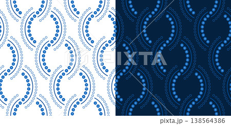 Monochrome blue linear seamless pattern. Chain weave design. Wavy scallops ornament of semicircles. Elegant vintage background. Diagonal curved lines Monochrome blue linear seamless pattern. Chain weave design. Wavy scallops ornament of semicircles. Elegant vintage background. Diagonal curved lines 138564386