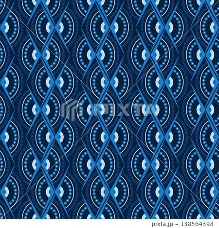 Geometric monochrome blue seamless pattern. Zigzag lace ornament of semicircles and angles. Expressive geometric shapes on dark background Geometric monochrome blue seamless pattern. Zigzag lace ornament of semicircles and angles. Expressive geometric shapes on dark background 138564398