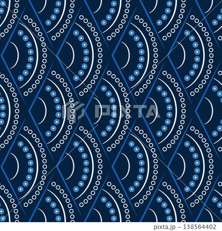 Art Deco dark blue arches seamless pattern. Monochrome wavy ornament. Scales ethnic design. Mosaic tiles background. Semicircular and dots elements 138564402