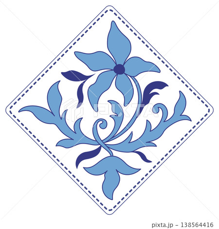 Rustic style design element. Holland traditional painted ceramic tile. Blue curved flowers and leaves on white background. Vintage square mosaic tile 138564416
