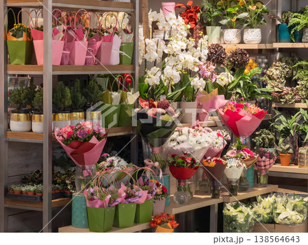 Vibrant flower shop display presenting diverse bouquets and lush potted plants on shelves, ideal for gifting, celebration, and enhancing home decor 138564643