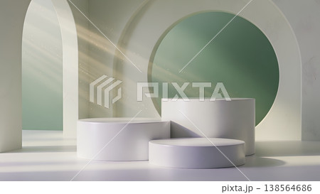 洗練された空間デザインと光の筋が美しい製品ディスプレイ台 138564686