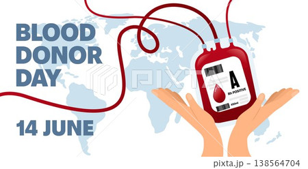 World Blood Donor Day Background minimalist template with Blood Bag and human hands. 14th of June, is World Donor Day. Good for banners, social media post professional greetings 138564704