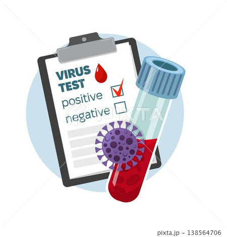Virus Test Positive Result with Blood Sample and Clipboard. Medical Flat vector illustration of a blood sample tube, and virus, representing infection diagnosis, laboratory testing and screening. 138564706