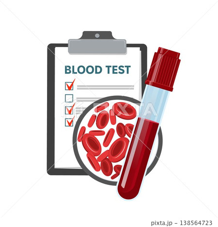 Blood Test Laboratory Report vector illustration. Blood test result on clipboard with checkmark and test tube, representing medical diagnostics, laboratory analysis, and healthcare screening. Blood Test Laboratory Report vector illustration. Blood test result on clipboard with checkmark and test tube, representing medical diagnostics, laboratory analysis, and healthcare screening. 138564723
