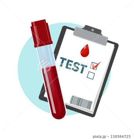 Blood Test Laboratory Report vector illustration. Blood test result on clipboard with checkmark and test tube, representing medical diagnostics, laboratory analysis, and healthcare screening. Blood Test Laboratory Report vector illustration. Blood test result on clipboard with checkmark and test tube, representing medical diagnostics, laboratory analysis, and healthcare screening. 138564725