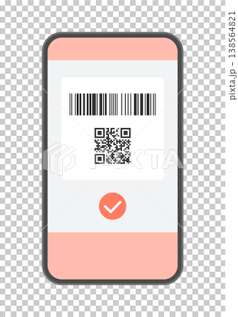 A smartphone displaying a barcode, QR code, and checkmark - Image of completed code payment. A smartphone displaying a barcode, QR code, and checkmark - Image of completed code payment. 138564821