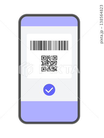 バーコードとQRコードとチェックマークが表示されたスマートフォン - コード決済の支払い完了イメージ バーコードとQRコードとチェックマークが表示されたスマートフォン - コード決済の支払い完了イメージ 138564823