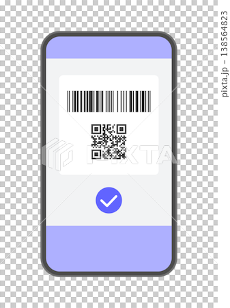 バーコードとQRコードとチェックマークが表示されたスマートフォン - コード決済の支払い完了イメージ バーコードとQRコードとチェックマークが表示されたスマートフォン - コード決済の支払い完了イメージ 138564823