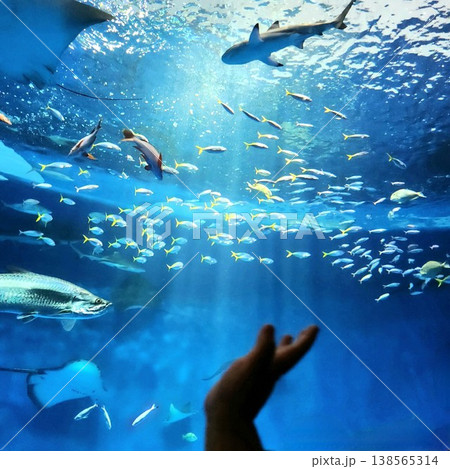 水族館で魚に手を伸ばす子どもの体験シーン 138565314