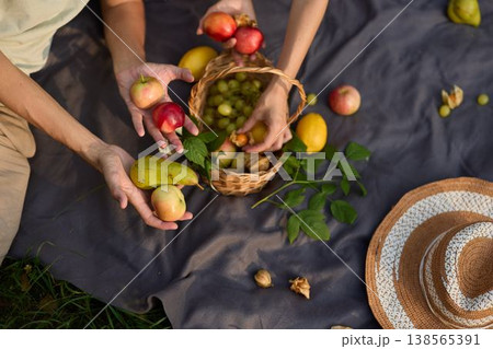 Arrangement of assorted fruits with warm light and gentle shadows Arrangement of assorted fruits with warm light and gentle shadows 138565391