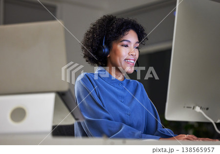 Computer, contact center and night business woman typing customer service report, telemarketing research and help desk advice. Technical support, communication and person search online telecom review 138565957