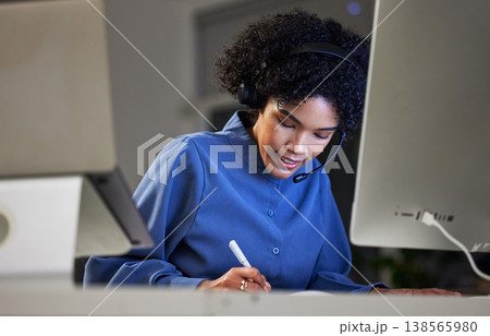 Notebook, call center and business woman writing customer service report, telemarketing summary and planning help desk advice. Night tech support, journal planner and agent list ecommerce sales notes 138565980
