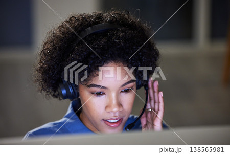 Computer, call center headset and business woman consulting, communication and reading customer service report. Night tech support, online discussion and agent telemarketing for ecommerce sales pitch Computer, call center headset and business woman consulting, communication and reading customer service report. Night tech support, online discussion and agent telemarketing for ecommerce sales pitch 138565981