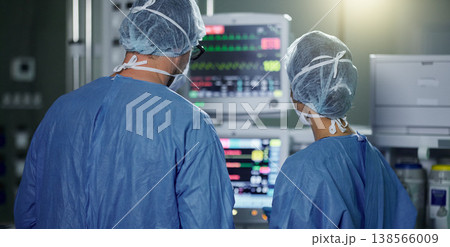 Teamwork, screen monitor or surgeon in surgery procedure or healthcare operation in hospital. Night, back view or doctors in face mask working or helping in dark operating room in medical clinic Teamwork, screen monitor or surgeon in surgery procedure or healthcare operation in hospital. Night, back view or doctors in face mask working or helping in dark operating room in medical clinic 138566009