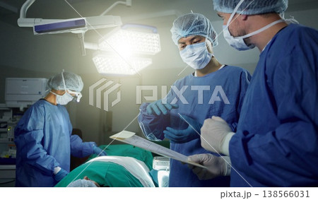 Collaboration, medical and doctors working on a surgery for healthcare treatment in a theatre room. Teamwork, career and professional surgeons doing an operation on a patient in a hospital or clinic. 138566031