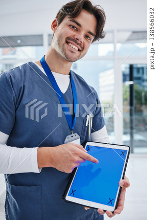 Tablet screen, portrait and happy man point at doctor healthcare presentation, clinic notification or advertising medicine. UI mockup space, wellness info or professional surgeon with medical data 138566032