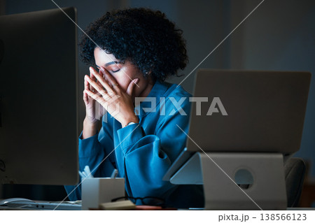 Headache, night and business woman fail or tired of overtime, deadline and work pressure with burnout and muscle strain. Corporate, evening and employee with stress working late in a company Headache, night and business woman fail or tired of overtime, deadline and work pressure with burnout and muscle strain. Corporate, evening and employee with stress working late in a company 138566123