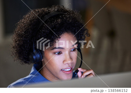 Computer, customer service headset and business woman consulting, talking and reading callcenter report, info or loan advice. Tech support face, night chat and agent telemarketing on web sales pitch 138566152