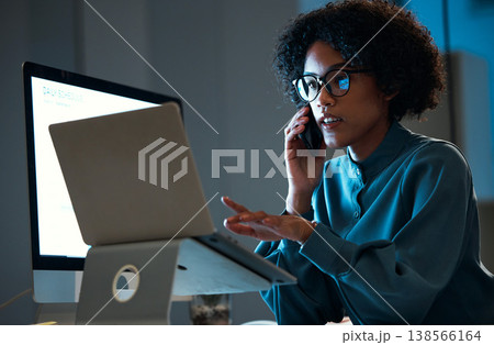 Laptop, phone call communication and business woman consulting, speaking and monitor data, web sales or metrics. Mobile smartphone, conversation and night person review, news and email in office Laptop, phone call communication and business woman consulting, speaking and monitor data, web sales or metrics. Mobile smartphone, conversation and night person review, news and email in office 138566164