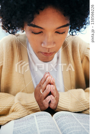 Woman, bible and praying in Church, worship and Christian religion, reading or studying. Person, holy book and meditation for God, Jesus Christ and faith in spiritual gospel, praise or hope for help Woman, bible and praying in Church, worship and Christian religion, reading or studying. Person, holy book and meditation for God, Jesus Christ and faith in spiritual gospel, praise or hope for help 138566226