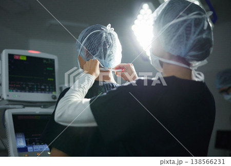 Getting ready, healthcare and doctors in a surgery theater for medical procedure or treatment. Help, clothing and surgeons with hair nets at a hospital for a clean operation or teamwork in medicine 138566231