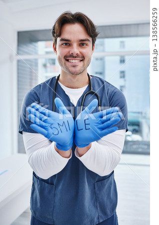 Doctor, portrait and gloves with smile in hospital, medicine and communication for healthcare in hands. Man, nurse and face in welcome gesture to surgery, patient help and consulting clinic in trust Doctor, portrait and gloves with smile in hospital, medicine and communication for healthcare in hands. Man, nurse and face in welcome gesture to surgery, patient help and consulting clinic in trust 138566259